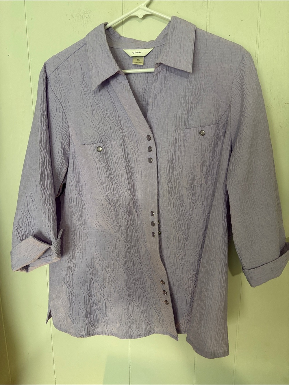 CJ Banks Lavender Crinkle Button-Front Collared Shirt